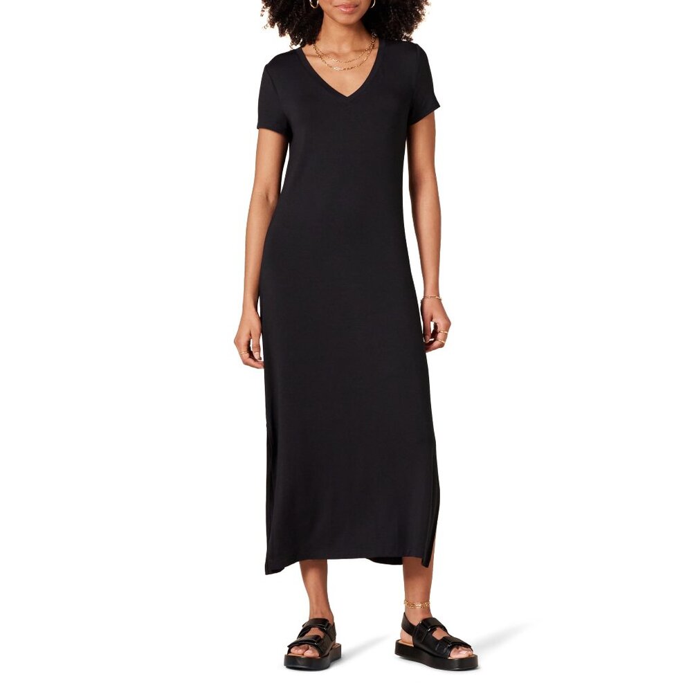 V-Neck Midi Dress Soft Jersey T-Shirt Style Everyday Chic Minimal Comfort